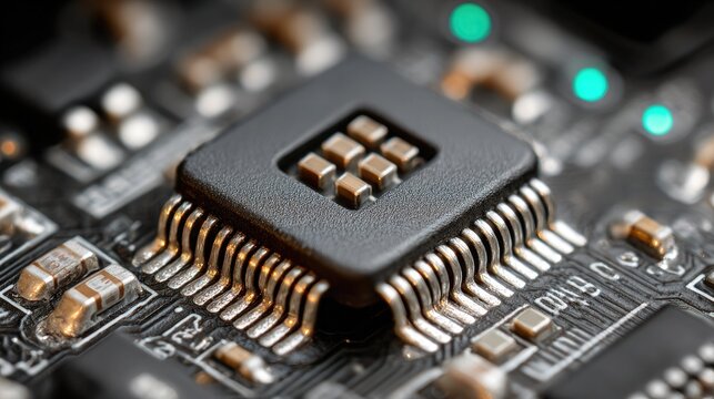 Macro view of a modern computer processor chip with intricate circuitry and glowing green lights symbolizing innovation and technology