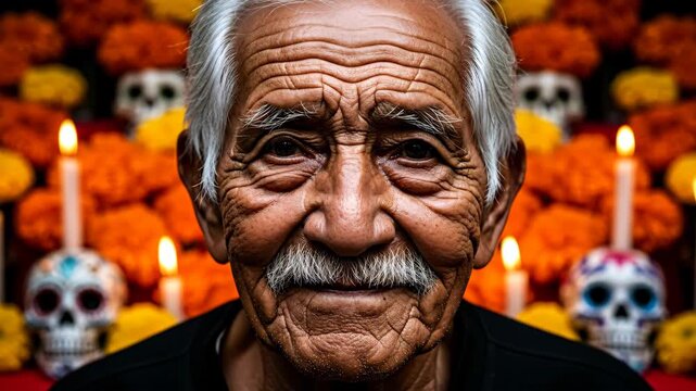 An elderly Mexican man stands at an altar with candles and flowers. Traditional Mexican attributes are displayed against the backdrop of Day of the Dead celebrations.