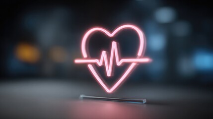 Vibrant neon heart with ECG pulse creates modern medical technology concept, symbolizing health and innovation