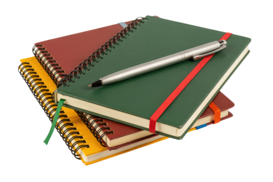 Stack of spiral notebooks with a pen on top, isolated on transparent background. background removed