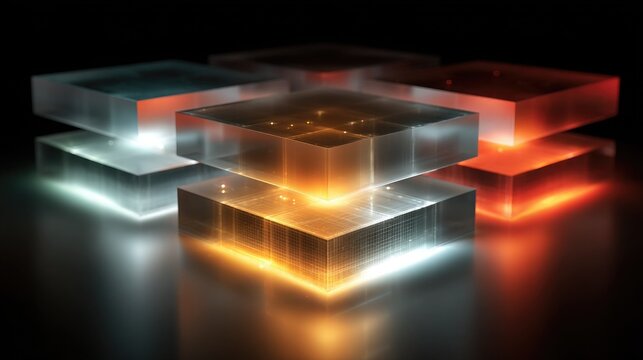 Experience the future with glowing abstract geometric blocks, representing innovation, data, and advanced technology in a dynamic, modern presentation.
