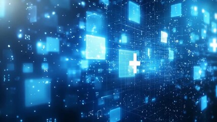 A dynamic digital display of interconnected data streams, showcasing glowing blue squares and white symbols. - Powered by Adobe