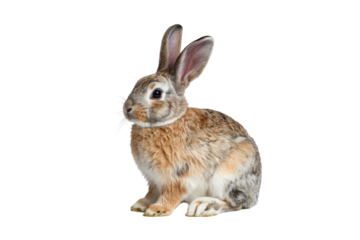 Adorable brown and white rabbit sitting against a transparent background. background removed