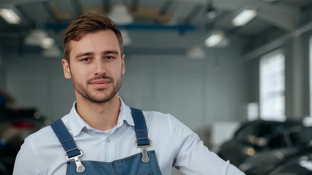 A positive mechanic extends his hand for a handshake in a car repair shop