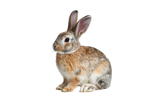 Adorable brown and white rabbit sitting against a transparent background. background removed