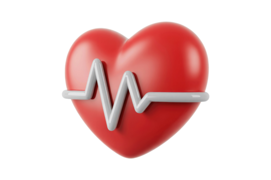 3D render of a red heart with a white heartbeat line, symbolizing health and life. background removed