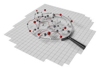 A magnifying glass reveals a complex network of interconnected nodes, representing data analysis or connections. background removed