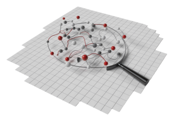 A magnifying glass reveals a complex network of interconnected nodes, representing data analysis or connections. background removed