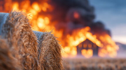 Naklejka premium A dramatic scene of a farmhouse engulfed in flames, highlighting the devastating effects of fire on rural landscapes.
