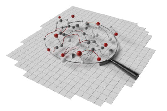 A magnifying glass reveals a complex network of interconnected nodes, representing data analysis or connections. background removed