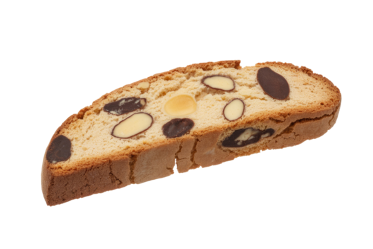A delectable biscotti slice, studded with almonds and chocolate chips, isolated on a transparent background. background removed