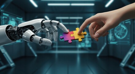 AI  Human Synergy - Robotic and Human Hands Connect Colorful Puzzle Pieces.