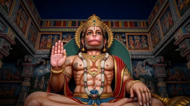 Majestic Seated Statue of Lord Hanuman in Ornate Temple Interior Illuminated by Warm Light Showcasing Intricate Details of Deity and Decorative Walls