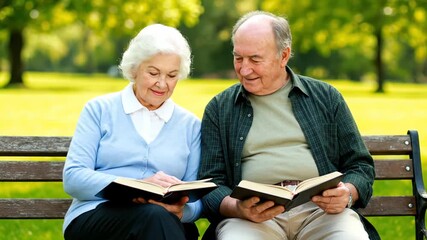 Senior couple enjoys reading books together on a park bench surrounded by greenery