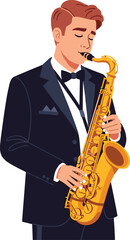 Naklejka premium Man in tuxedo playing saxophone with eyes closed in illustration