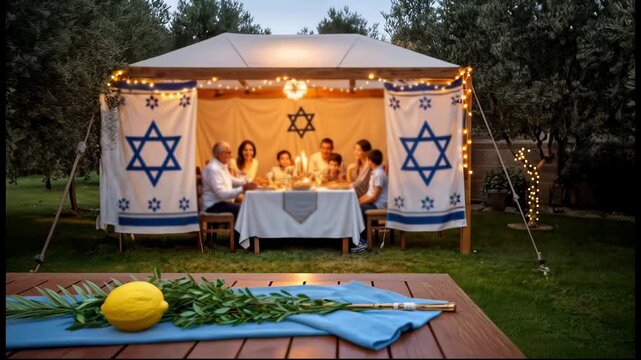 A Jewish family gathers in a decorated sukkah at sunset, sharing a festive meal during the Sukkot holiday, with lulav and etrog displayed.