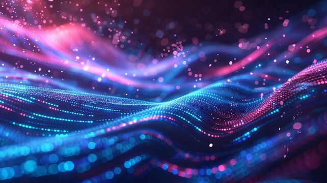 Colorful particles form flowing waves of light in a vibrant digital data abstract background with neon pink and blue tones