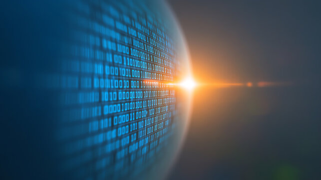 A stunning abstract representation of digital data streams, showcasing binary codes with a bright light at the horizon.