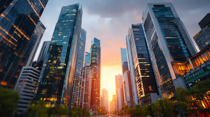Fototapeta premium A stunning urban landscape showcasing skyscrapers at sunset, capturing the beauty of modern architecture in the city.
