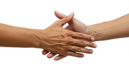 Close-up of Two Hands Firmly Shaking in a Symbol of Agreement and Partnership Against White Background.