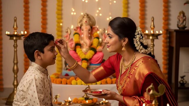 Mother Applying Tika to Son During Ganesh Chaturthi Festival Celebration With Ganesha Idol Decorated With Flowers And Lights And Oil Lamps Burning