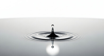 A high-speed photograph captures the moment a single water droplet is suspended just above a calm, dark surface of water, creating a perfect crown splash effect.