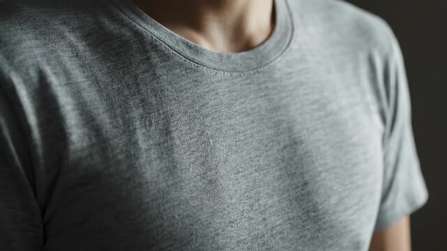 Close up of a person wearing a plain gray t-shirt with a crew neck collar