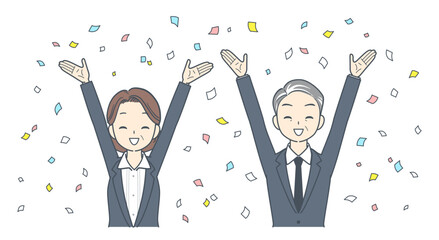 紙吹雪と共に喜ぶ中年のビジネスマンと中年のビジネスウーマンのイラスト 2人 上半身