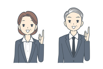 上に指をさす中年のビジネスマンと中年のビジネスウーマンのイラスト
