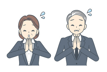 手を合わせて謝罪する中年のビジネスマンと中年のビジネスウーマンのイラスト