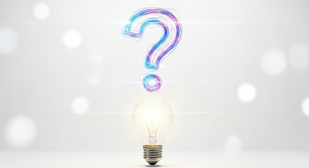 A vibrant and detailed digital illustration features a stylized question mark positioned directly above a glowing light bulb, set against a bright, softly lit white background.