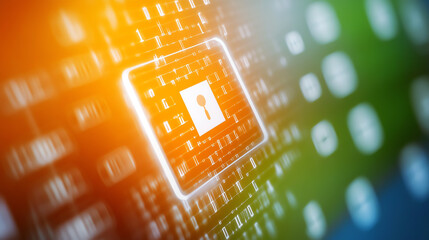 A vibrant digital lock symbol overlaying a background of data, representing security and innovation in technology.