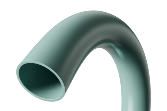 A teal, curved tube with a hollow interior, rendered against a transparent background.  Smooth, 3D design. background removed
