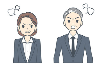 怒る中年のビジネスマンと中年のビジネスウーマンのイラスト