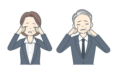 泣いて悲しむ中年のビジネスマンと中年のビジネスウーマンのイラスト