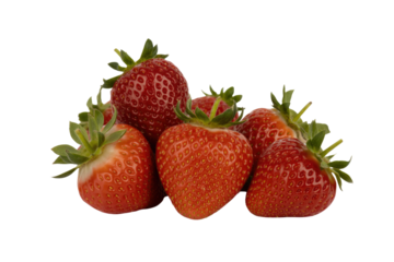 A cluster of five ripe, red strawberries with green caps, isolated on a transparent background. background removed