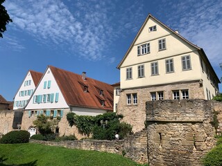 Häuser in der historischen Altstadt mit Stadtmauer / Stadt Marbach am Neckar in Baden-Württemberg, Deutschland