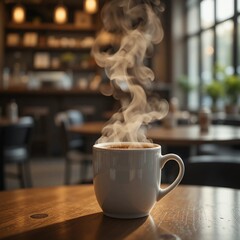 Steaming Americano coffee cup on a wooden table in a cozy cafe setting