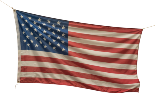 An American flag hangs, slightly wrinkled, against a transparent background. background removed