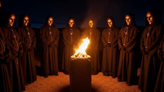 Mysterious Group in Dark Robes and Golden Masks Gather Around a Fiery Bonfire Under a Starry Night Sky Creating an Eerie and Ritualistic Atmosphere