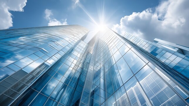 Upward view of a reflective glass skyscraper with bright sunlight and clouds symbolizing modern architecture, corporate strength and futuristic urban design, Generative AI