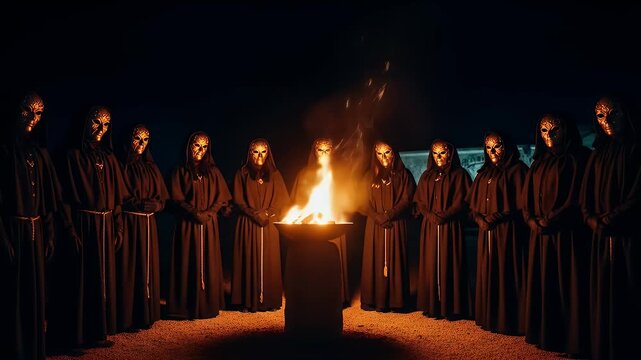 Mysterious hooded figures in masks gather around a glowing bonfire at night creating an eerie ceremonial atmosphere