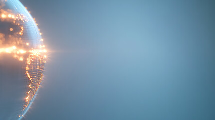 Abstract digital globe representation with glowing lights against a blue background, symbolizing global connectivity and innovation.