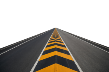 Asphalt road with yellow and black chevron markings disappearing into a transparent background. background removed