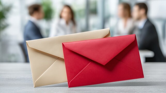 Red and beige envelopes standing on a desk with blurred business meeting background symbolizing communication, correspondence and professional office workflow, Generative AI