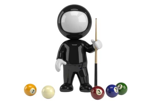 A 3D rendered cartoon figure, dressed in black, holding a pool cue beside numbered billiard balls. background removed