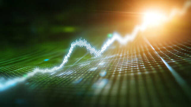 Abstract representation of data visualization with glowing lines and a dynamic upward trend against a green background.