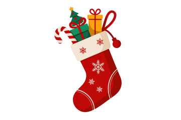 Christmas stocking filled with gifts, candy cane, and miniature Christmas tree. background removed