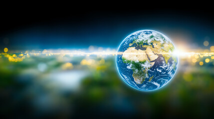 Fototapeta premium Beautiful view of Earth from space, showcasing continents and vibrant colors against a dark background, symbolizing global awareness.