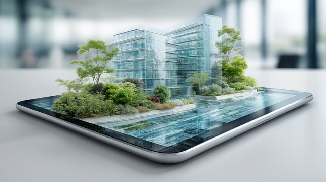 Sustainable green city model on a digital tablet featuring eco architecture, nature-integrated buildings and futuristic environmental urban planning, Generative AI